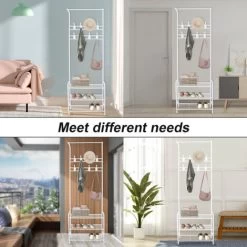 BIGZZIA Garderobenständer, 3 In 1 Garderobenständer Stabil Kleiderstange Mit 3 Schichten Schuhregal Und Abnehmbaren Haken Kleiderständer Freistehender Für Schlafzimmer Weiß -Möbelhaus 89050116 4