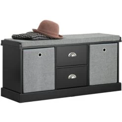 SoBuy FSR66-SCH Sitzkommode Sitzbank Mit Stauraum Schuhbank Mit Sitzfläche Mit 2 Grauen Körben Und 2 Schubladen Schwarz BHT Ca.: 100x50x35cm