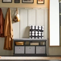 SoBuy FSR67-SCH Schuhtruhe Sitzkommode Schuhschrank Mit 3 Grauen Körben Und Ablage Sitzbank Mit Sitzkissen Spielzeugkiste Schwarz BHT Ca.: 95x49x35cm -Möbelhaus 90446702 3