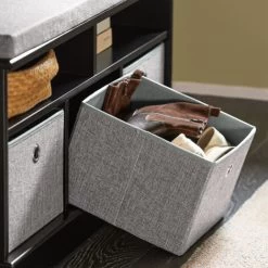 SoBuy FSR67-SCH Schuhtruhe Sitzkommode Schuhschrank Mit 3 Grauen Körben Und Ablage Sitzbank Mit Sitzkissen Spielzeugkiste Schwarz BHT Ca.: 95x49x35cm -Möbelhaus 90446702 4