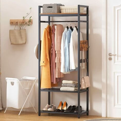 SogesHome Kleiderständer Kleiderregal Garderobenständer Aus Stahlgestell Und Holz Mit Kleiderstange 3 Ablagen 4 Haken Für Aufbewahrung, 70 X 40 X 175 Cm 3 SogesHome Kleiderständer Kleiderregal Garderobenständer Aus Stahlgestell Und Holz Mit Kleiderstange 3 Ablagen 4 Haken Für Aufbewahrung, 70 X 40 X 175 Cm