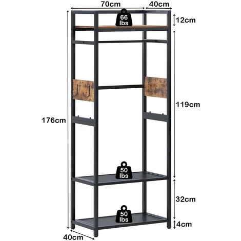 SogesHome Kleiderständer Kleiderregal Garderobenständer Aus Stahlgestell Und Holz Mit Kleiderstange 3 Ablagen 4 Haken Für Aufbewahrung, 70 X 40 X 175 Cm 4 SogesHome Kleiderständer Kleiderregal Garderobenständer Aus Stahlgestell Und Holz Mit Kleiderstange 3 Ablagen 4 Haken Für Aufbewahrung, 70 X 40 X 175 Cm – Bild 2