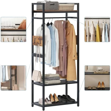 SogesHome Kleiderständer Kleiderregal Garderobenständer Aus Stahlgestell Und Holz Mit Kleiderstange 3 Ablagen 4 Haken Für Aufbewahrung, 70 X 40 X 175 Cm 5 SogesHome Kleiderständer Kleiderregal Garderobenständer Aus Stahlgestell Und Holz Mit Kleiderstange 3 Ablagen 4 Haken Für Aufbewahrung, 70 X 40 X 175 Cm – Bild 3