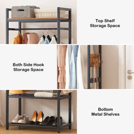 SogesHome Kleiderständer Kleiderregal Garderobenständer Aus Stahlgestell Und Holz Mit Kleiderstange 3 Ablagen 4 Haken Für Aufbewahrung, 70 X 40 X 175 Cm 7 SogesHome Kleiderständer Kleiderregal Garderobenständer Aus Stahlgestell Und Holz Mit Kleiderstange 3 Ablagen 4 Haken Für Aufbewahrung, 70 X 40 X 175 Cm – Bild 5
