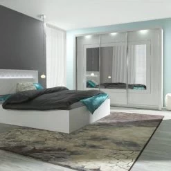 Komplett Schlafzimmer Hochglanz Weiß Mit LED Bett, Schrank, 2 X Nako