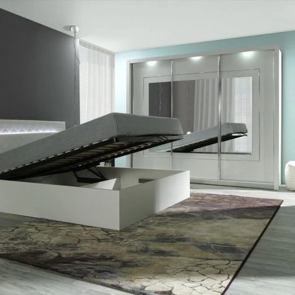 Komplett Schlafzimmer Hochglanz Weiß Mit LED Bett, Schrank, 2 X Nako 4 Komplett Schlafzimmer Hochglanz Weiß Mit LED Bett, Schrank, 2 X Nako – Bild 2