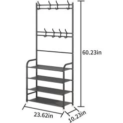 Metallgarderobe Mit 4 Schuhregalen, Kleiderständer, Eingangsbereich, Garderobe, 8 Haken, 60 X 26 X 155 Cm, Schwarz -Möbelhaus 93927521 2