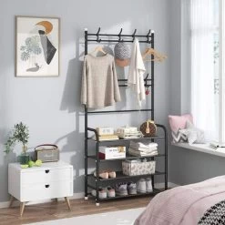 Metallgarderobe Mit 4 Schuhregalen, Kleiderständer, Eingangsbereich, Garderobe, 8 Haken, 60 X 26 X 155 Cm, Schwarz -Möbelhaus 93927521 4