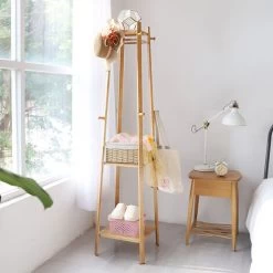Kleiderständer Bambus Garderobenständer Mit 8 Haken Und 3 Ablagen Für Schuhe Hüte Und Schals, Im Flur Wohnzimmer Und Gästezimmer -Möbelhaus 95445998 2