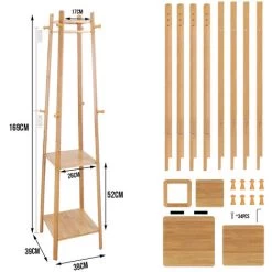 Kleiderständer Bambus Garderobenständer Mit 8 Haken Und 3 Ablagen Für Schuhe Hüte Und Schals, Im Flur Wohnzimmer Und Gästezimmer -Möbelhaus 95445998 3