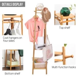 Kleiderständer Bambus Garderobenständer Mit 8 Haken Und 3 Ablagen Für Schuhe Hüte Und Schals, Im Flur Wohnzimmer Und Gästezimmer -Möbelhaus 95445998 4