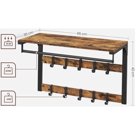 Songmics VASAGLE Wandgarderobe, Mit Ablage, Wandregal Mit 10 Abnehmbaren Haken, Hängeregal, Wandmontage, 2 Garderobenleisten, Kleiderstange, Für Flur, Schlafzimmer, Badezimmer, Vintagebraun-schwarz Von SONGMIC 7 Songmics VASAGLE Wandgarderobe, Mit Ablage, Wandregal Mit 10 Abnehmbaren Haken, Hängeregal, Wandmontage, 2 Garderobenleisten, Kleiderstange, Für Flur, Schlafzimmer, Badezimmer, Vintagebraun-schwarz Von SONGMIC – Bild 5
