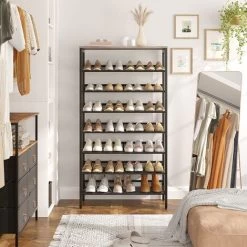 8-stöckige Schuhregal, Schuhschrank Hoch, Groß Schmal Schuhablage, Mit Flache Und Kippbare Gitternetzregale, Metall, Für 24-32 Paar Schuhe, Für Eingang, Flur, Greige-Schwarz HOOBRO EBG18XJ01 -Möbelhaus 98819531 3