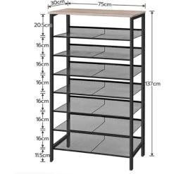 8-stöckige Schuhregal, Schuhschrank Hoch, Groß Schmal Schuhablage, Mit Flache Und Kippbare Gitternetzregale, Metall, Für 24-32 Paar Schuhe, Für Eingang, Flur, Greige-Schwarz HOOBRO EBG18XJ01 -Möbelhaus 98819531 5
